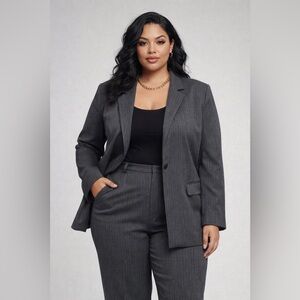 Plus Size Career Office Calvin Klein Womens Gray Pinstripe Blazer